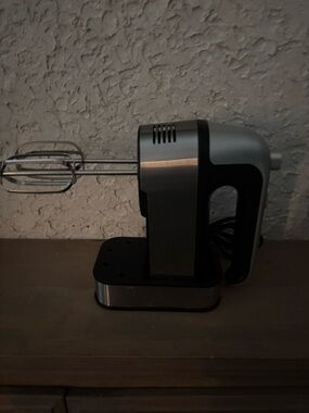 Robert Irvine Hand Mixer in Brushed Steel & Black - 5 Speed with Stand Base